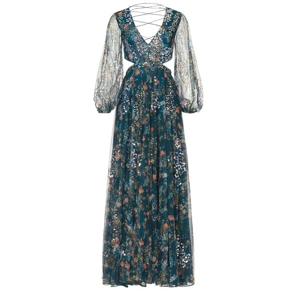 Mac Duggal Teal Floral Bling Cut Out Gown 0 - Picture 2 of 15